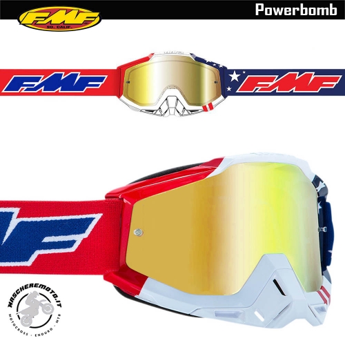 CROSS ENDURO FMF GOGGLE (By 100%) POWERBOMB US OF A GOLD MIRROR LENS