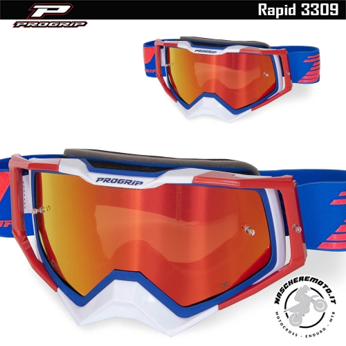 PROGRIP RAPID 3309 BLUE RED WHITE MOTOCROSS ENDURO MASK RED MIRROR LENS