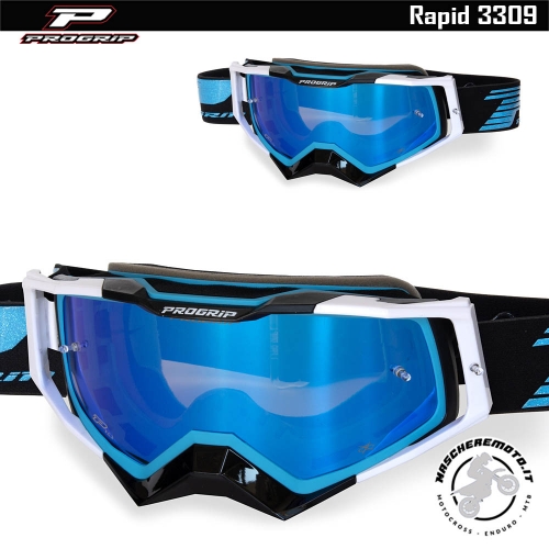 MASCHERA CROSS ENDURO PROGRIP RAPID 3309 TURQUOISE BLACK WHITE LENTE SPECCHIO BLU