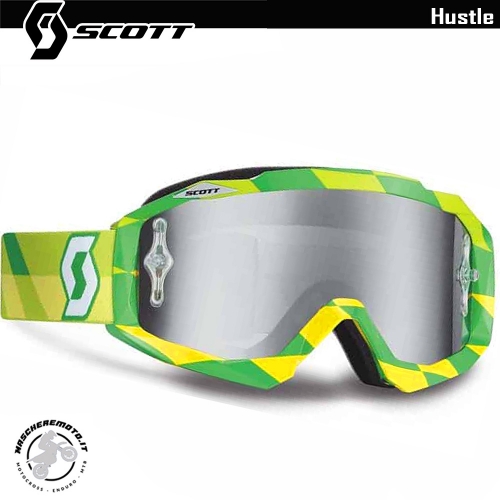 MASCHERA CROSS ENDURO OCCHIALE SCOTT HUSTLE MX GREEN YELLOW LENTE A SPECCHIO + CHIARA