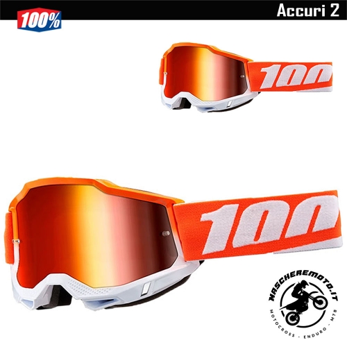 MASCHERA MOTOCROSS ENDURO 100% ACCURI 2 MATIGOFUN ARANCIO BIANCO LENTE A SPECCHIO